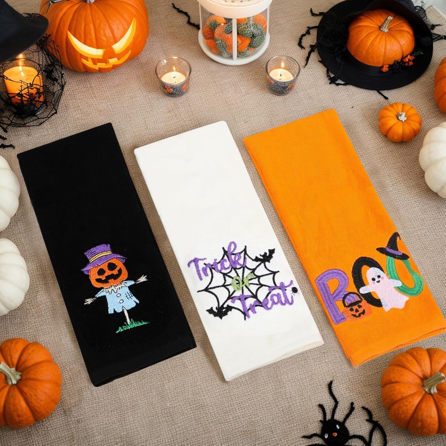 Halloween Hand Towels 3 Pack, Cotton Orange Black Beige Ghost Embroidered Decorative Towels for Bathroom & Kitchen Holiday Décor, 13.7 in × 29.5 in