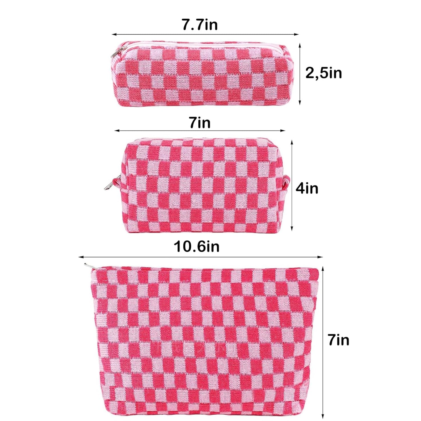 ZLFSRQ 3Pcs Makeup Bag Checkered Cosmetic Bag Set Travel Toiletry Bags for Purse Large Small Makeup Pouch for Women Cute Preppy Pencil Pouch Case Pink Zipper Skincare Bags