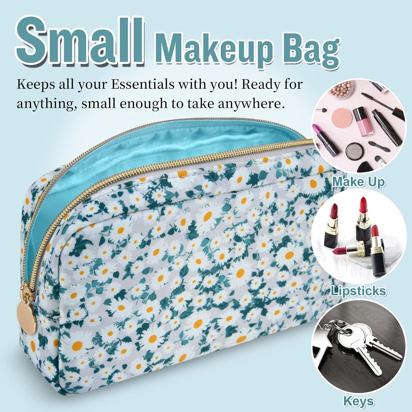 Nylon Small Floral Makeup Bag for Purse, Cute Preppy Makeup Bag Flower Cosmetic Zipper Pouch Purse, Waterproof Portable Travel Toiletry Makeup Brush Coin Pouch Organizer Storage for Women(Green-Daisy)