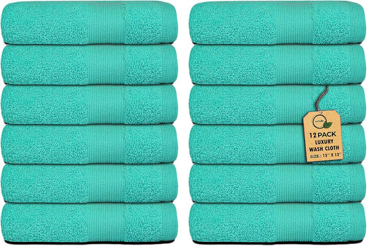 Premium Wash Cloths Pack of 12 (13" x 13") 100% Ring Spun Cotton | Luxury Washcloths | Ultra Soft Face Towels | Highly Absorbent Wash Cloths for face (Turquoise)