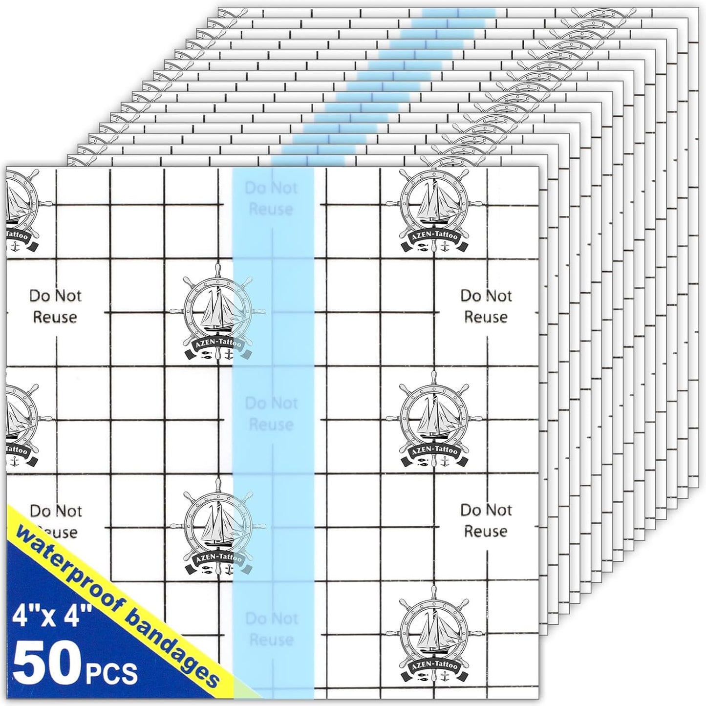 AZEN 50 Pieces Waterproof Bandages, Transparent Film Dressing 4 X 4, Clear Bandages Waterproof Adhesive Bandage, Second Skin Tattoo Cover Up Tape