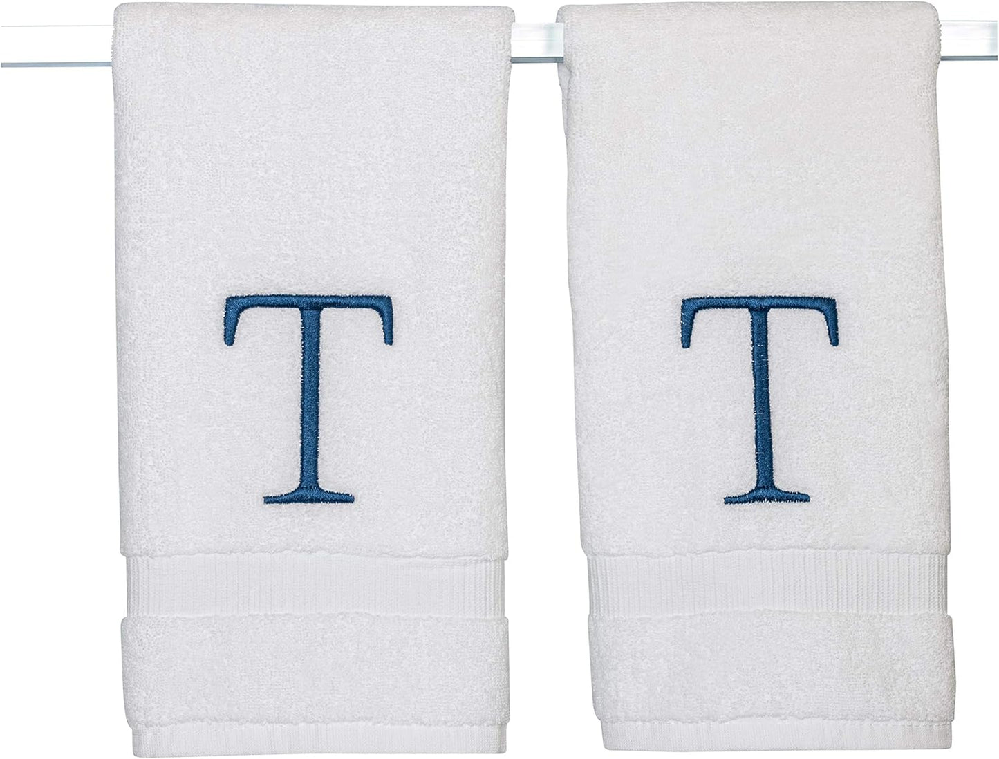 Monogrammed Hand Towels for Bathroom - Luxury Hotel Quality Personalized Initial Decorative Embroidered Bath Towel for Powder Room, Spa - GOTS Organic Certified - Set of 2 Navy Letter T