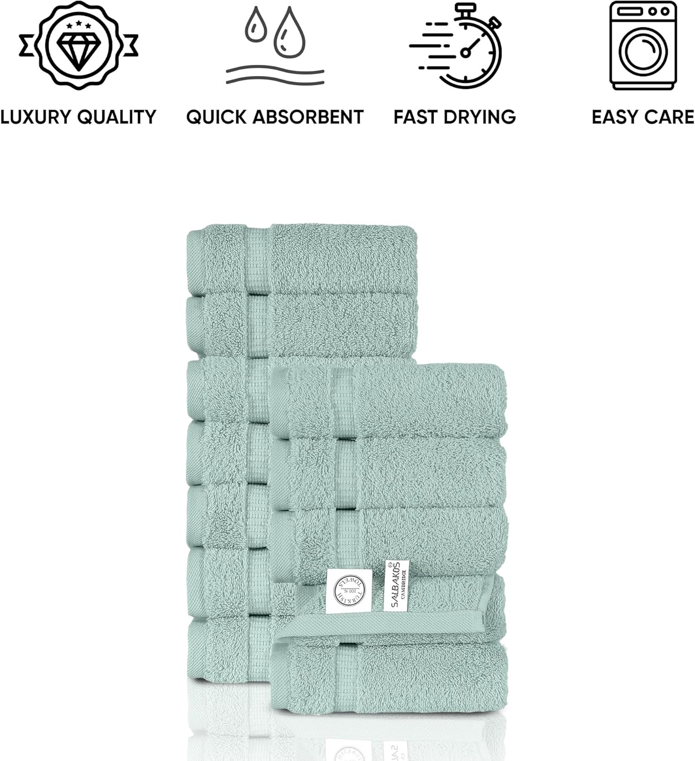 SALBAKOS 100% Turkish Cotton Washcloth Set of 12 13x13 inch | Heirloom Quality | Hotel & Spa Collection | Ultra Soft, Super Absorbent, Washcloth Towels | Made in Turkey (Seafoam Green, 12 Washcloths)