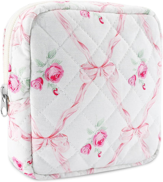 Small Quilted Cotton Makeup Bag for Purse Mini Cosmetic Period Bag for Women Cute Pink Flower Bow Makeup Sanitary Pouch Portable Travel Toiletry Bags with Zipper Slip in Pockets Birthday Gifts