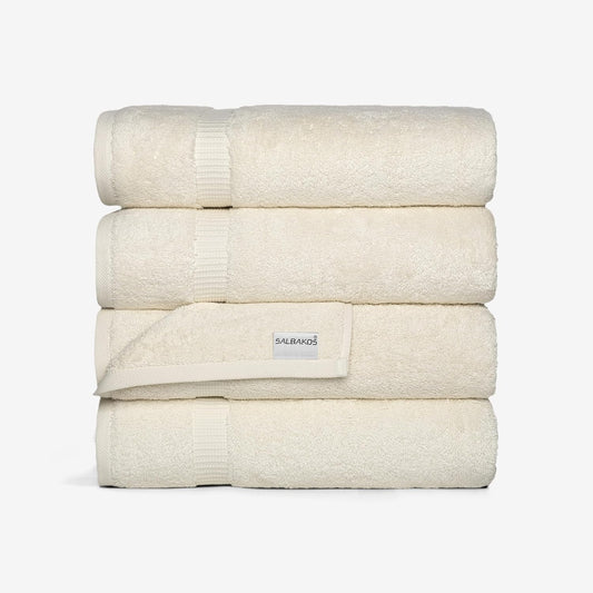 SALBAKOS 100% Turkish Cotton Bath Towel Set of 4 27x54 inch | Heirloom Quality | Hotel & Spa Collection | Ultra Soft, Super Absorbent, Long Lasting Bath Towels | Made in Turkey (Ivory, 4 Bath Towels)