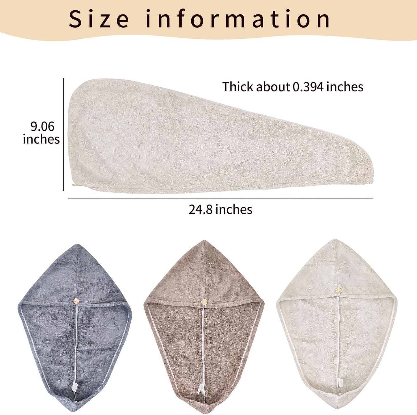 3 Pack Plush Yarn Hair Towel Wrap for Women, Super Absorbent & Quick Drying Turban, Anti Frizz Head Towel for Long, Thick, Curly Hair with Secure Button