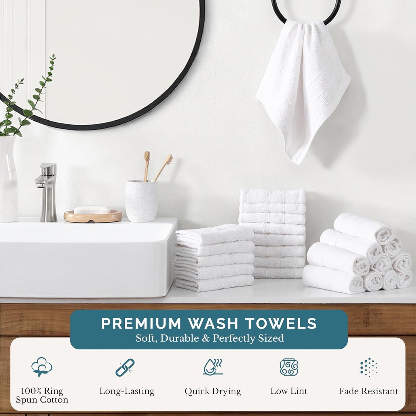 Casa Platino 100% Cotton Washcloths 24 Pack - Spa & Salon Quality Face Towels - Ring Spun, Soft & Absorbent Wash Cloth Rags for Body, Beauty, Home, Gym - Fingertip Towels - 13"x13", White Washcloths