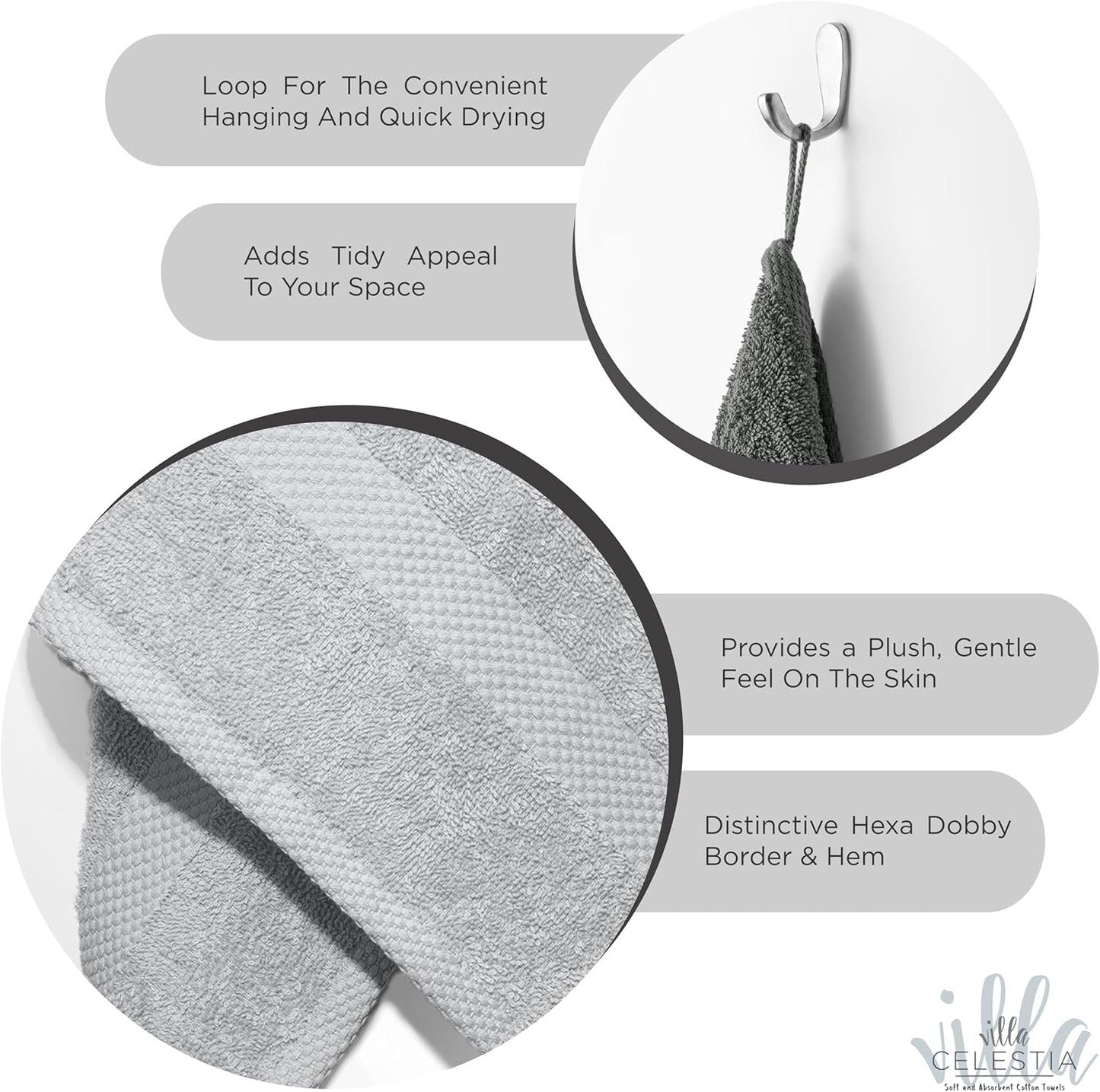 100% Cotton Hand Towel Set of 2, (16 x 28 inches) Sustainable, Soft, Highly Absorbent, Quick Drying, Combed Cotton Hand Towels Pack of 2 Ideal for Hotels, Spa, Bathroom, Dorm, Silver