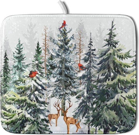 Pine Tree Dish Drying Mat for Kitchen Counter 16x18 Inch Forest Deer Absorbent Dishes Drainer Mats Reversible Microfiber Quick Dry Rack Pad