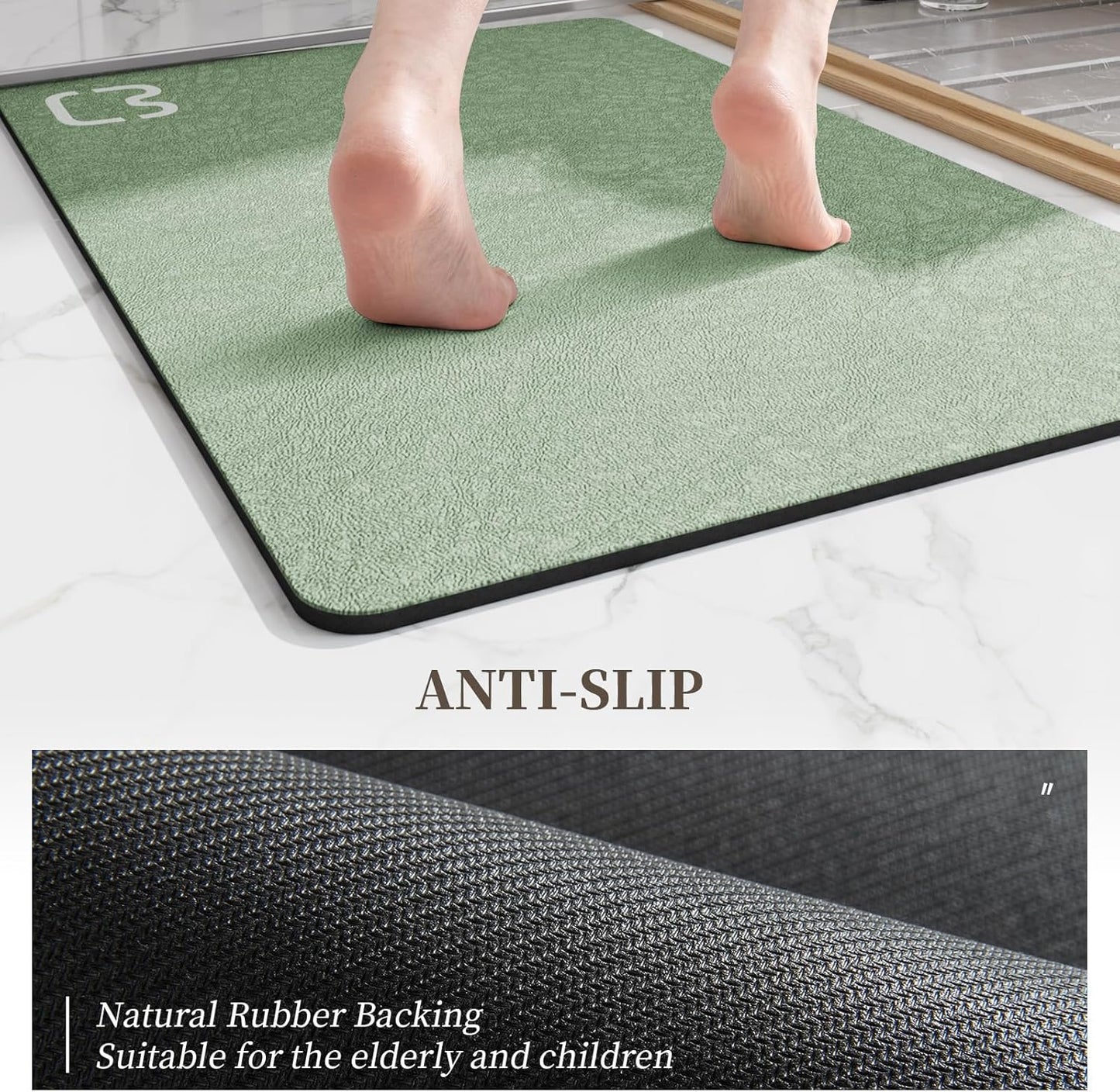 Diatomaceous Earth Bath Mat 17" x 59" Extra Long Bathroom Mat Large Fast Dry Super Absorbent Non-Slip Rubber Backed Shower Mat Bath Rugs Mats for Bathroom Floor, Tub, Shower, Sink, Sage Green