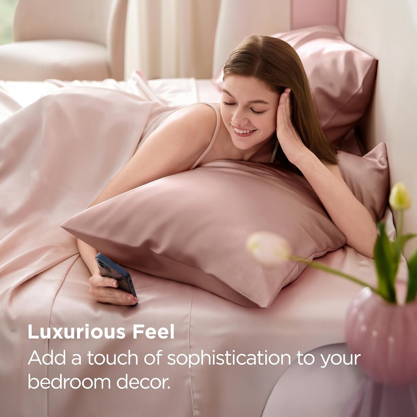 Bedsure Satin Pillowcase 2 Pack Similar to Silk Pillow Cases Standard Size, Pillow Case for Sleeping Women with Envelope Closure, Gifts for Women Men, Rose Cloud, 20x26 Inches, 2pcs