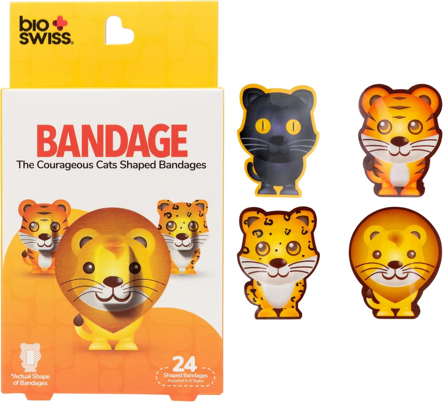 BioSwiss Kids Bandages, Courageous Cats Shaped Self Adhesive Bandage Set, Latex Free, Sterile Wound Care, 24 Count