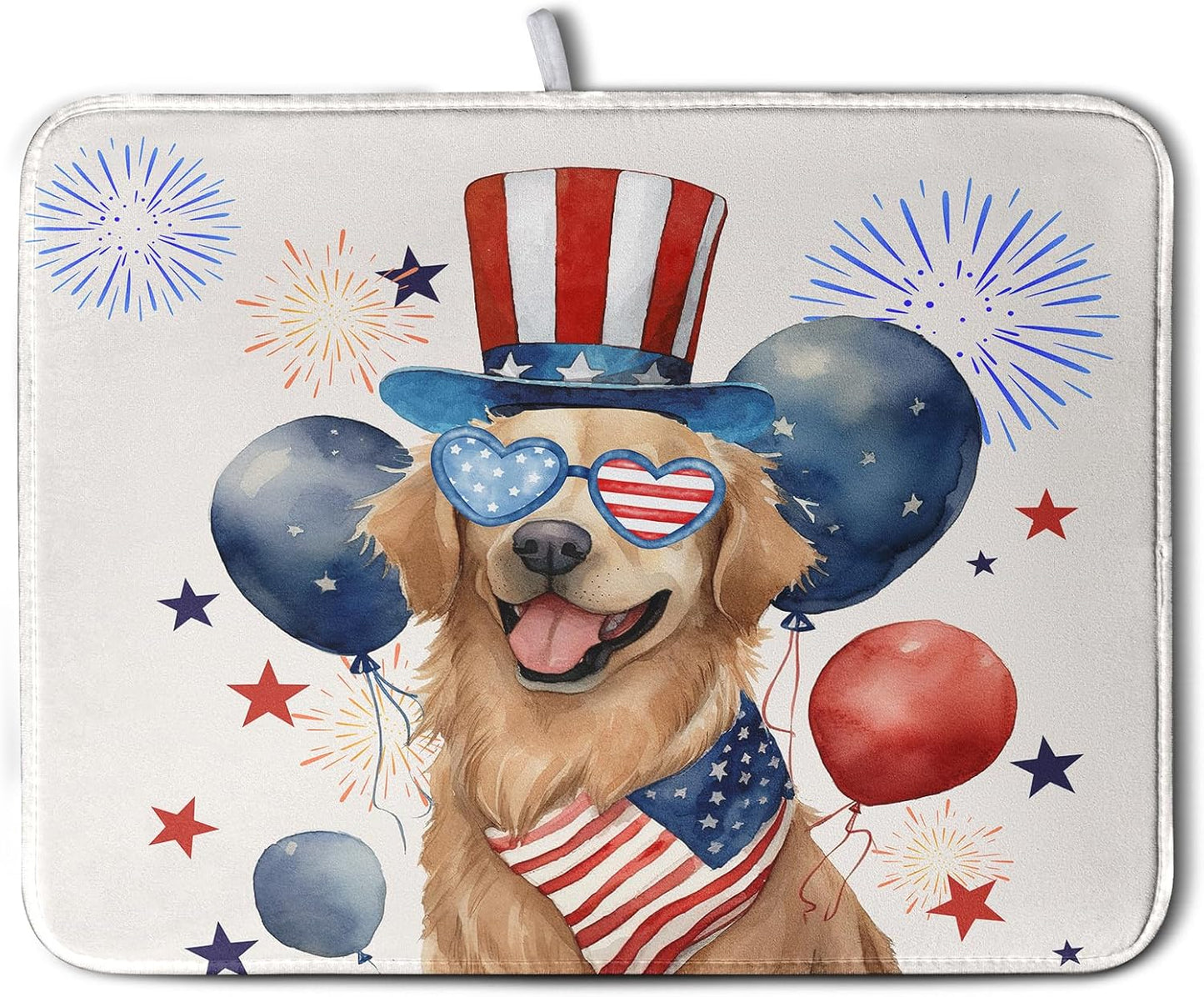 4th of July Patriotic Dog Dish Drying Mat 16 x 18 Inch US Independence Day Blue White Red Kitchen Drying Mat Firework Holiday Dish Drainer Mats Super Absorbent Dish Rack Pad for Kitchen Counter