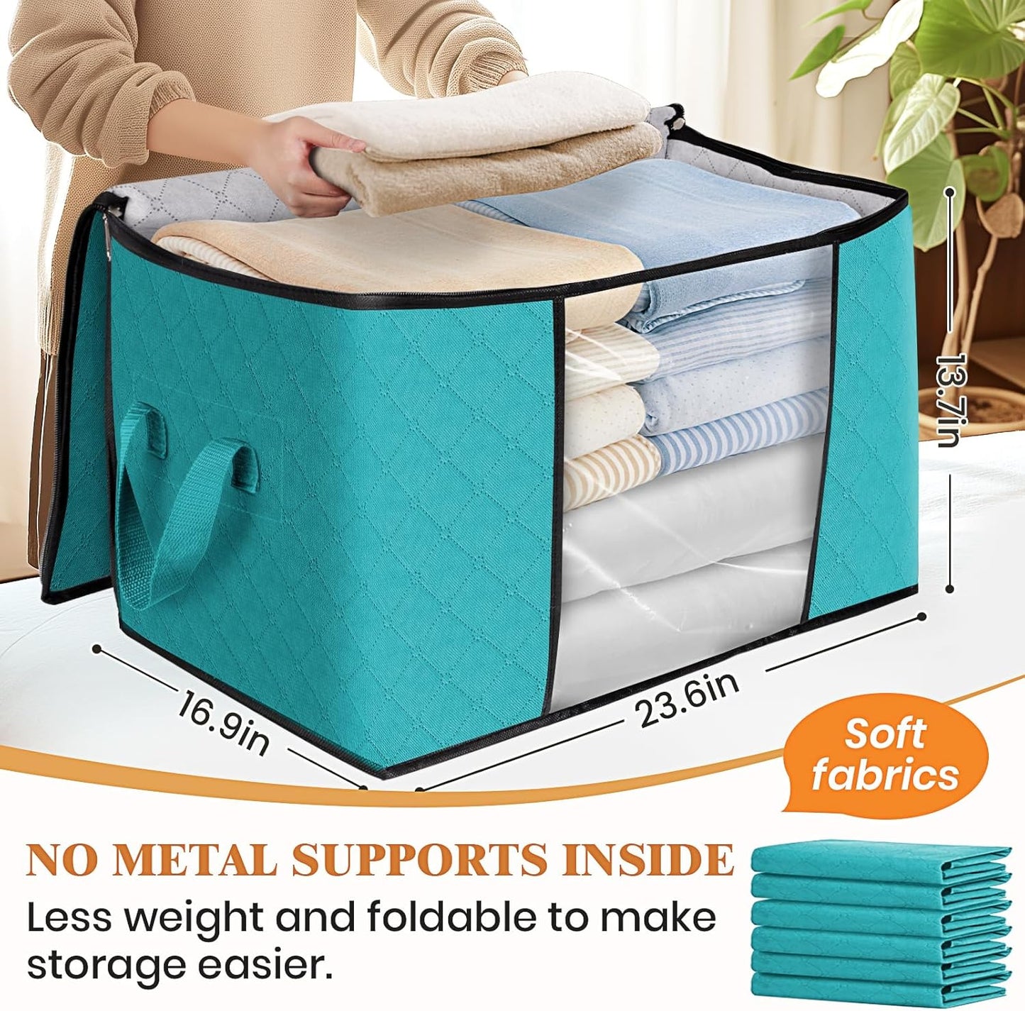 Fab totes 24 Gallons Clothes Storage, Foldable Thick Fabric Blanket Storage Bags, Containers for Organizing Bedroom, Closet, Clothing, Comforter, Organization with Handle (3 Pack,Green)