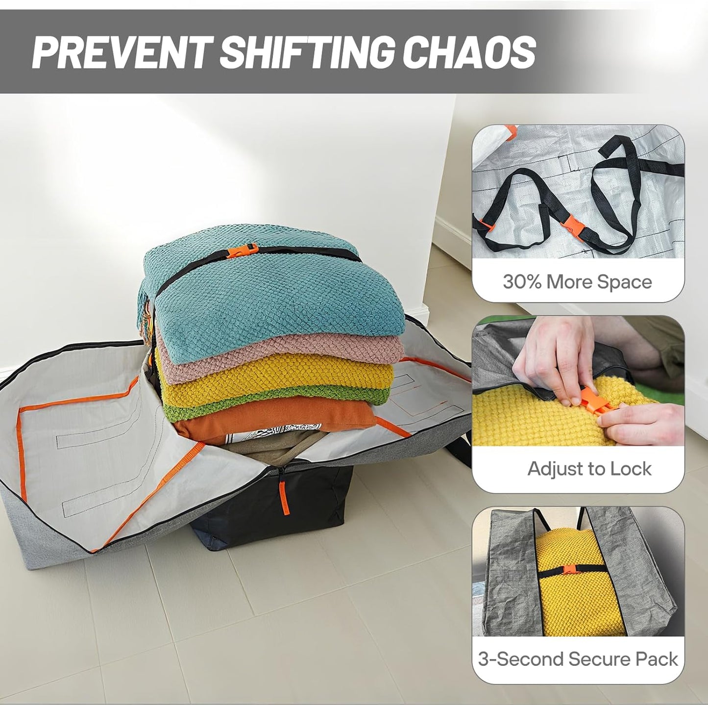 6 Pack Large Moving Bags, Storage Bag with Zipper, Heavy Duty Packing Bags with Internal Compression Straps, Wrap Around Handles, Alternative to Moving Boxes, Grey and Black