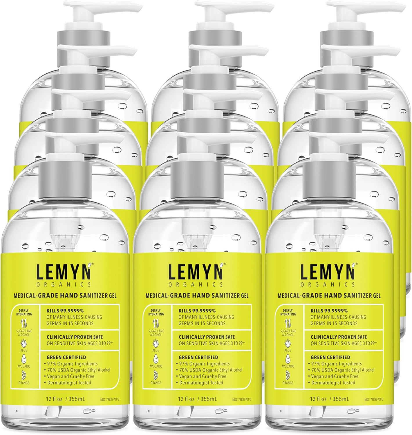 Medical Grade Hand Sanitizer Gel - 97% ORGANIC - 12 FL.OZ. (PACK OF 12)