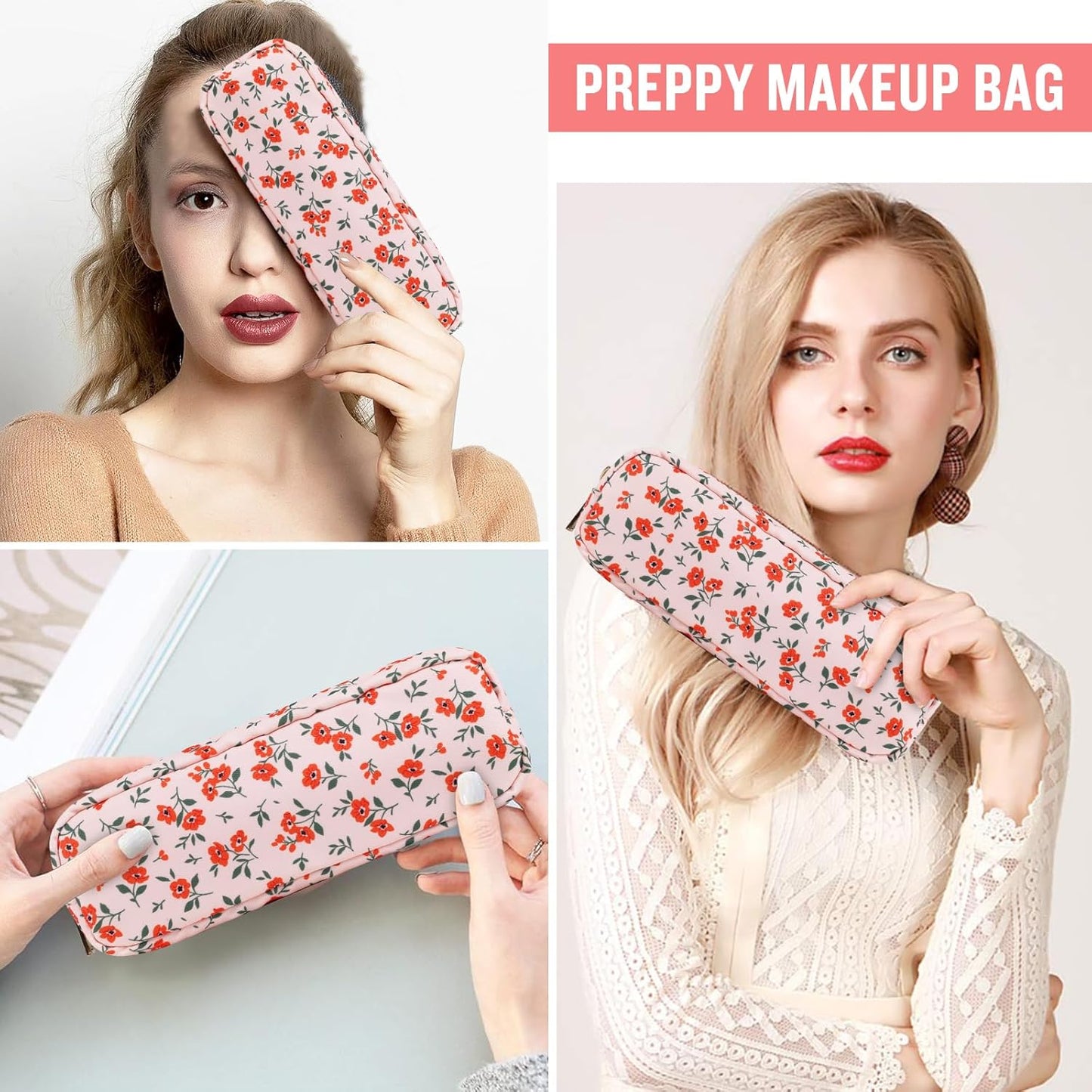 Nylon Small Floral Makeup Bag Slim Pouch, Preppy Cute Makeup Brush Bag Pink Makeup Bag Flower Cosmetic Zipper Pouch for Purse, Waterproof Travel Toiletry Bag Make Up Organizer for Women(Pink-Floral)