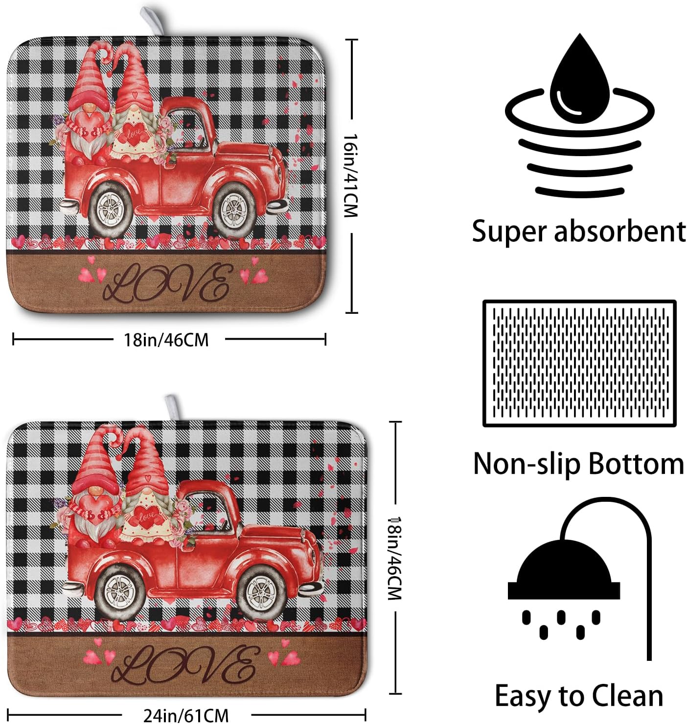 Valentine's Day Dish Drying Mats for Kitchen Counter, Buffalo Plaid Truck Kitchen Drying Mat, Love Heart Gnome Absorbent Dishes Pad 18 x 24 Inch - Farmhouse Decor Valentines Gift