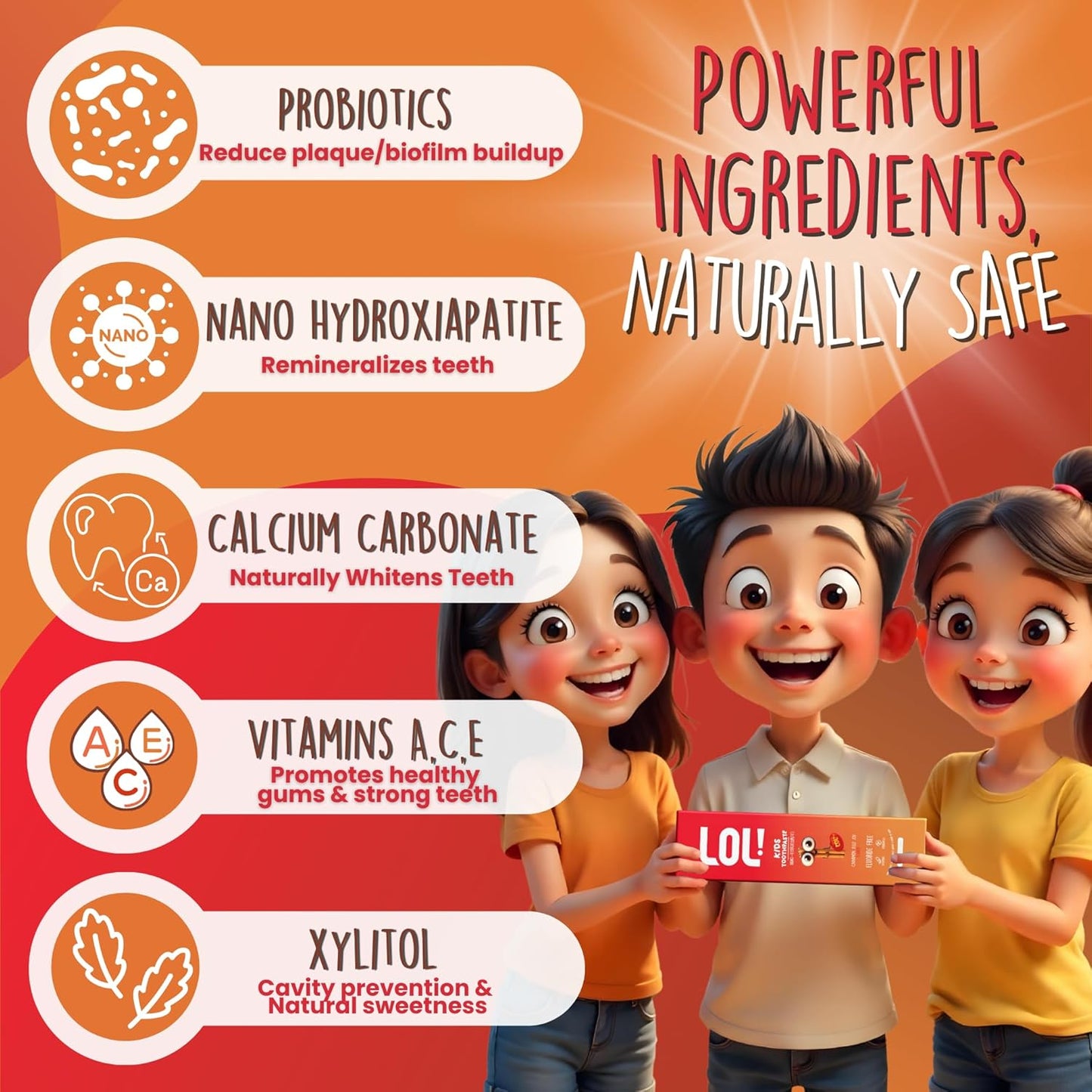 LOL Toddler Toothpaste, Nano Hydroxyapatite Toothpaste, Probiotics, Vitamins, Xylitol Tooth Paste Kids | Remineralizing | Natural | Plant-Based Foam | Pasta De Dientes para Niños (Cinnamon)