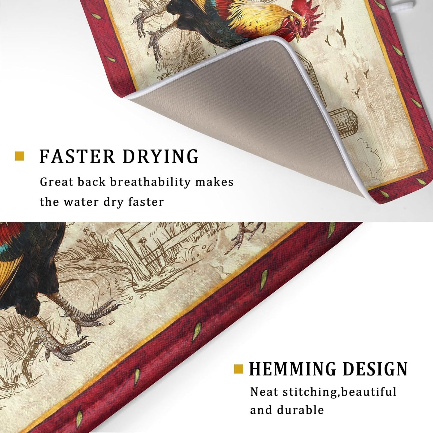 Farm Rooster Dish Drying Mat for Countertop 18x24 Inches Red Rustic Chicken Absorbent Microfiber Dry Dishes Pads Kitchen Counter Accessories