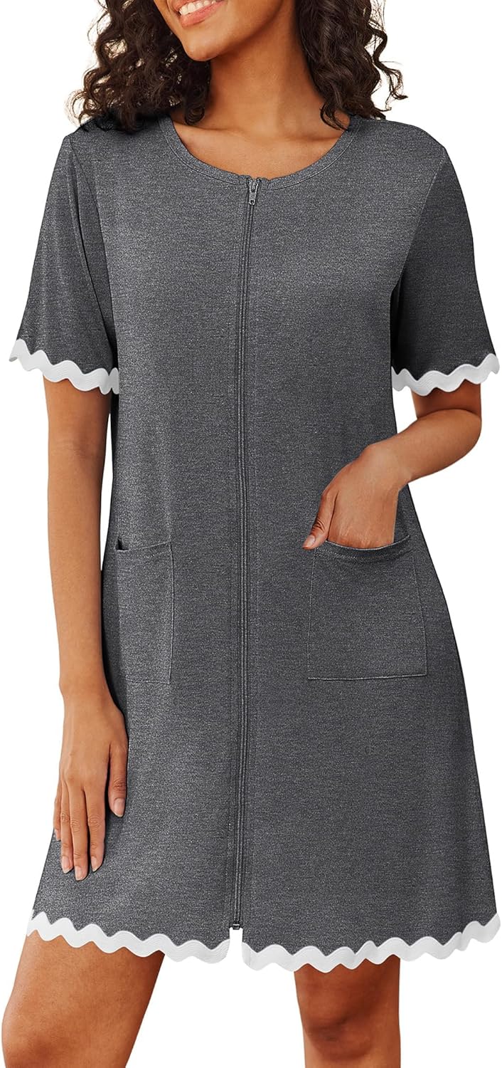 Ekouaer Women Zip Up Robe Lightweight Housecoats with Pockets Knee Length Short Bathrobes Soft Nightgown S-3XL