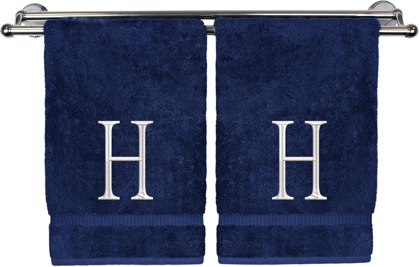 Monogrammed Hand Towel, Personalized Initial Gift, Extra Absorbent 100% Turkish Cotton - Soft Terry Finish - Set of 2 - White Block Initial H - Embroidered on Navy Blue Towels