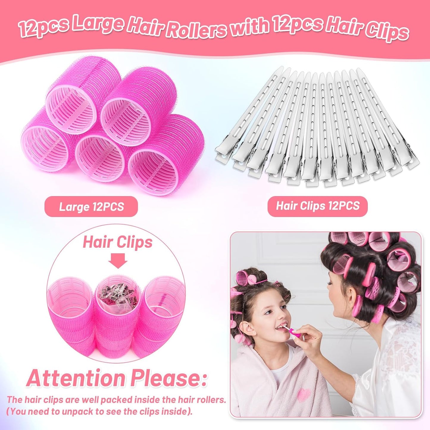Big Self-Grip Hair Rollers with Stainless Steel Duckbill Clips for Long, Medium Hair and Volume