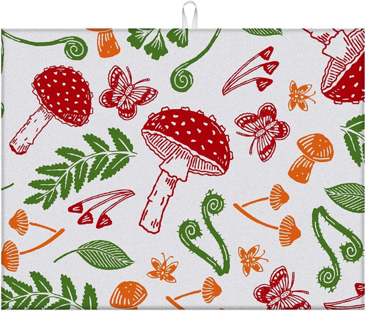 Dish Drying Mat For Kitchen Counter, Red Mushroom Microfiber Absorbent Dish Drainer Rack Pad Reusable Large 18x24in Drying Mat