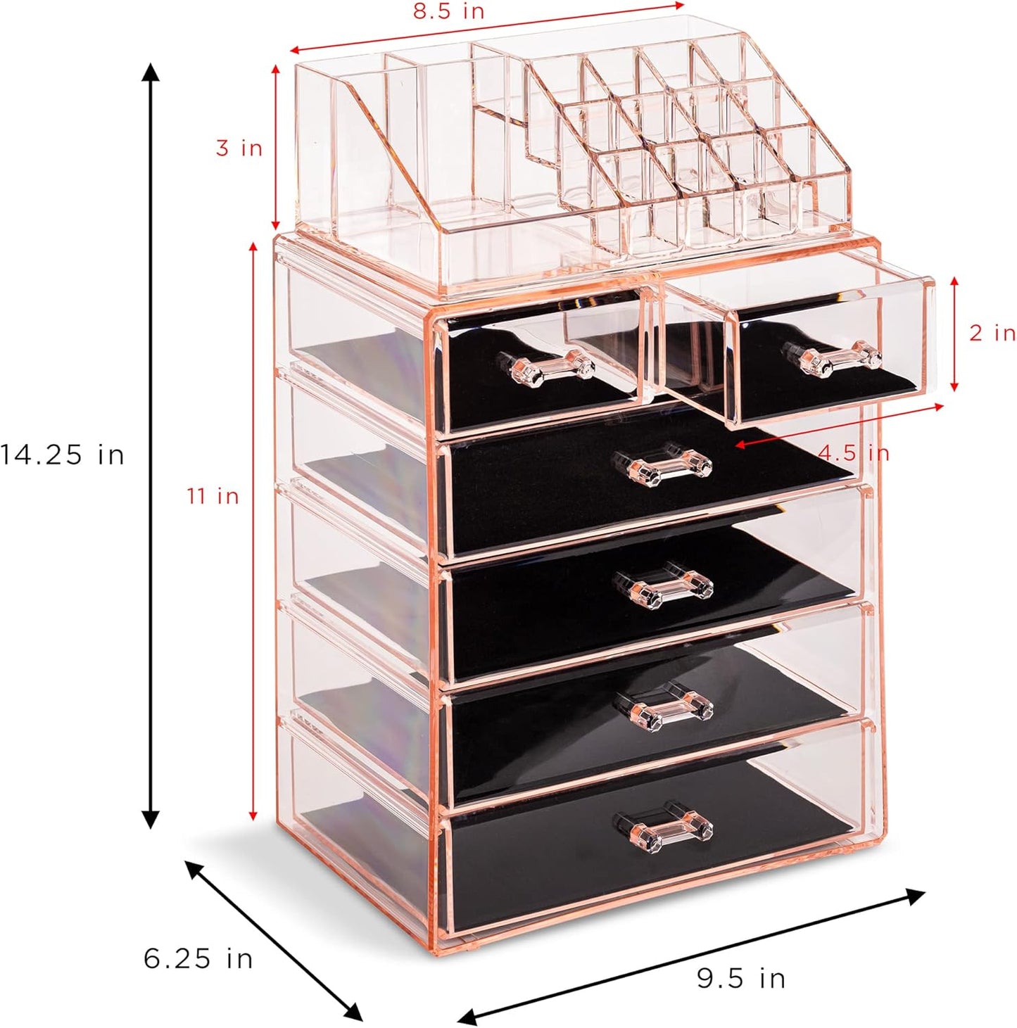Sorbus Clear Cosmetic Makeup Organizer - Make Up & Jewelry Storage, Case & Display - Spacious Design - Great Holder for Dresser, Bathroom, Vanity & Countertop (4 Large, 2 Small Drawers) [Pink]