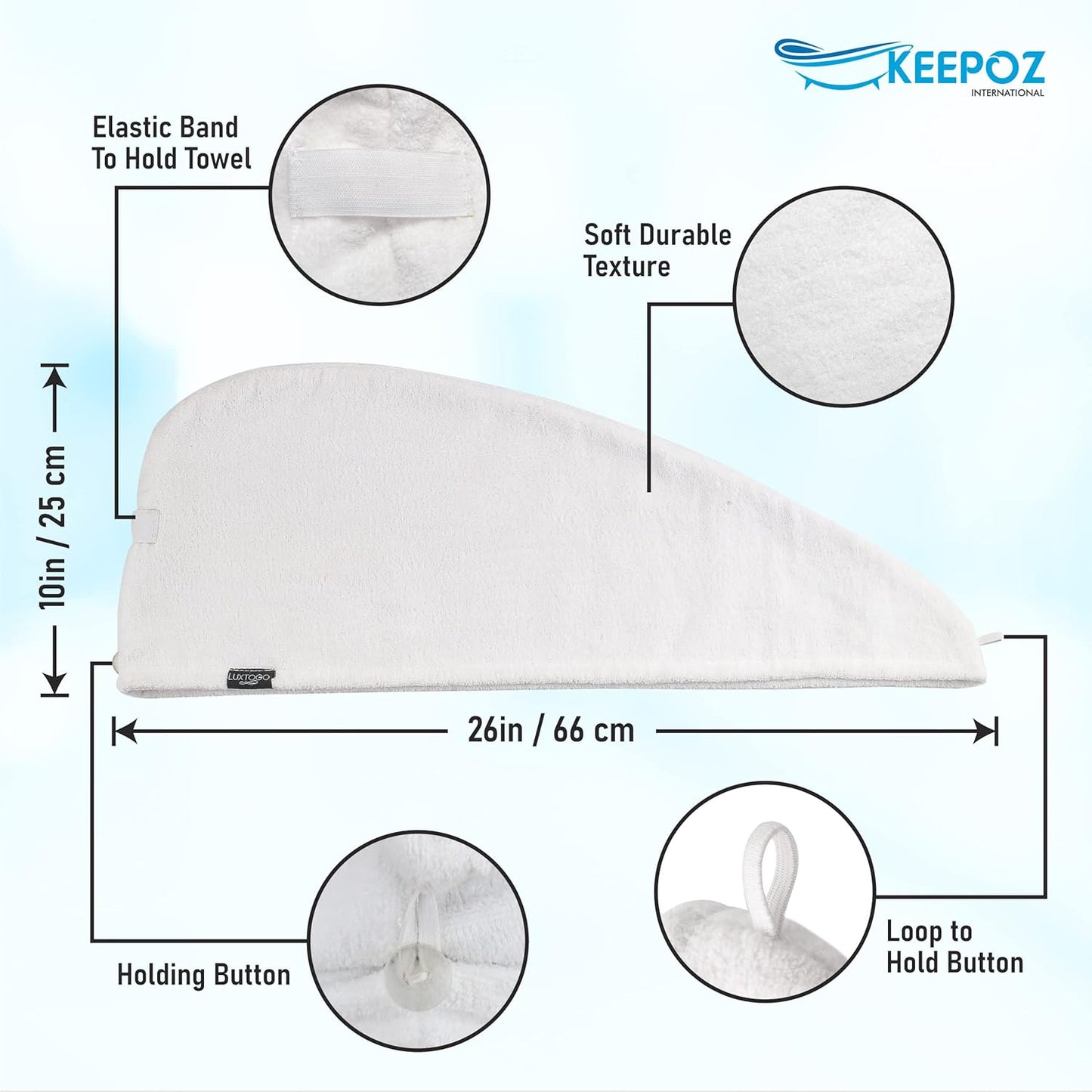 KEEPOZ 100% Cotton Hair Towel Wrap Quick Dry Super Absorbent Turban Head Wrap for Women with Button, Anti Frizz, Hair Cap for Curly, Long & Thick Hair (White, 1 Pc)