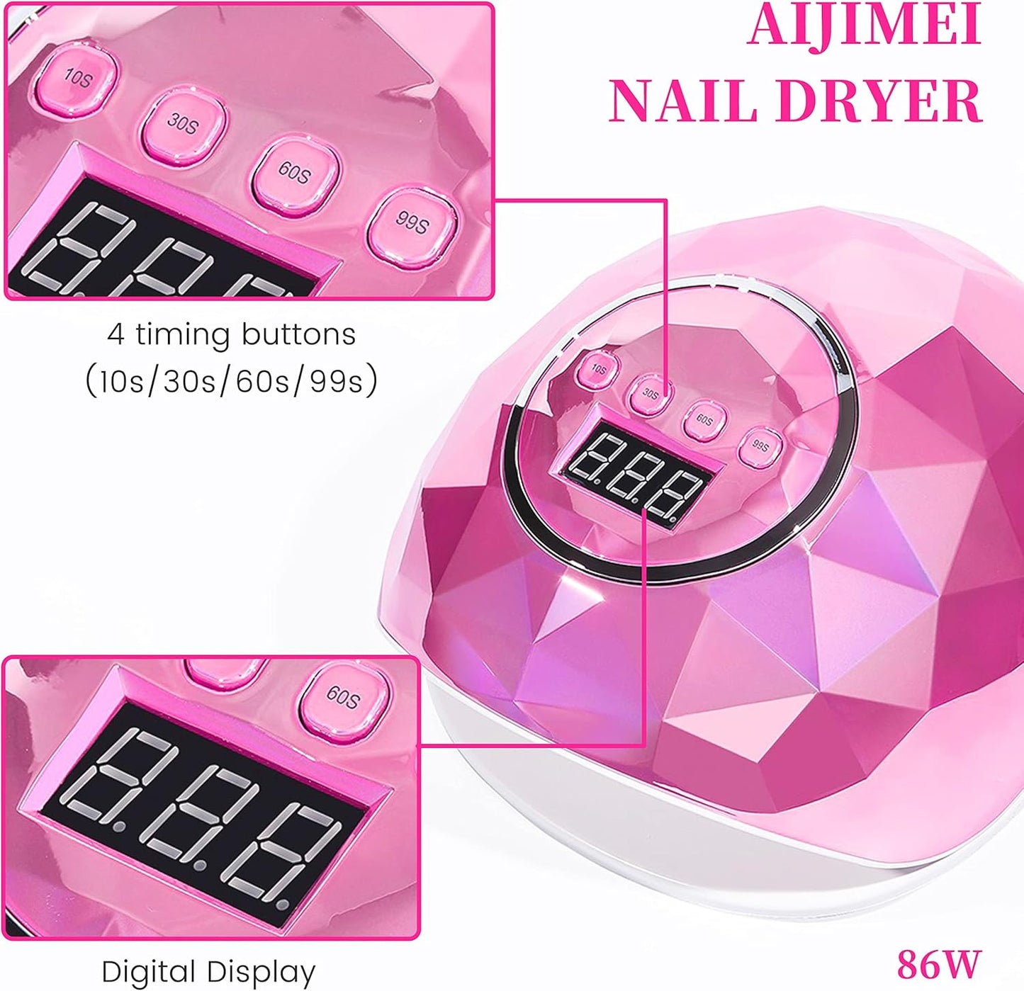 AIJIMEI Diamond Purple Nail Lamp Nail Dryer Nail Tools LED Gel Nail Lamp 86W Gel Nail Light Nail Polish Dryer for Professional and Beginner (Rosepink)