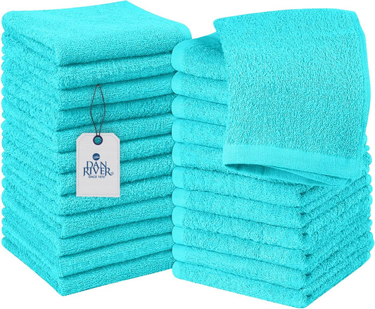 DAN RIVER 100% Cotton Wash Cloths 24 Pack [12x12] Soft & Absorbent Bath washcloths, Gym, Hotels & Spa Perfect for Everyday Use Fingertip Towels, Turquoise