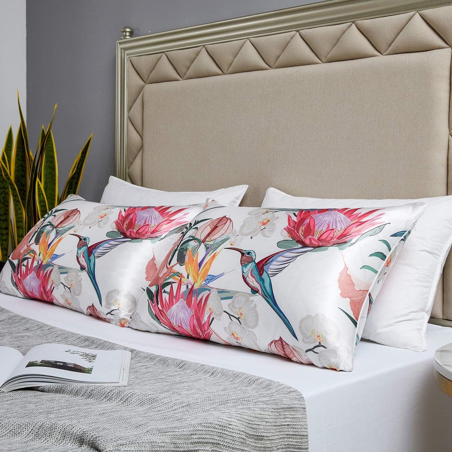 MR&HM Satin Pillowcase for Hair and Skin, Silk Satin Pillowcase 2 Pack, Queen Size Pillow Cases Set of 2, Silky Pillow Cover with Envelope Closure (20x30, Floral Bird)