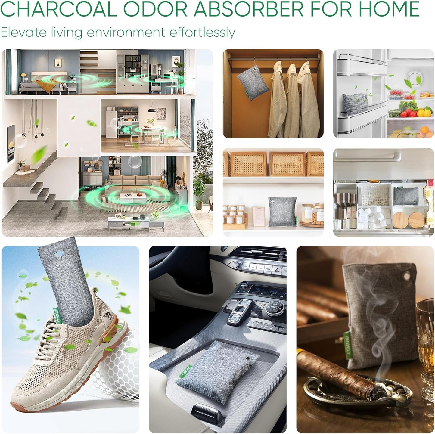 Activated Charcoal Odor Absorber, Large 10 Pack w Hooks Nature Odor Remover for Strong Odor, Bamboo Charcoal Air Purifying Bags, Odor Eliminator for Home Car Closet Pet, Smoke Deodorizer