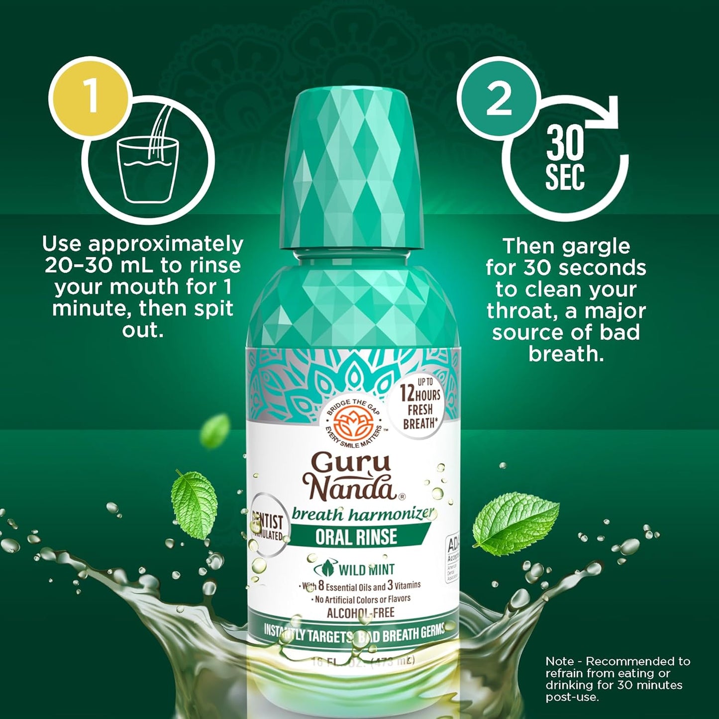 GuruNanda Fresh Breath Mouthwash, ADA-Accepted, Alcohol & Fluoride-Free, Sodium Chlorite, Essential Oils & Vitamins, 12-Hrs Fresh Breath, Wild Mint, 16 oz - 2 Pack