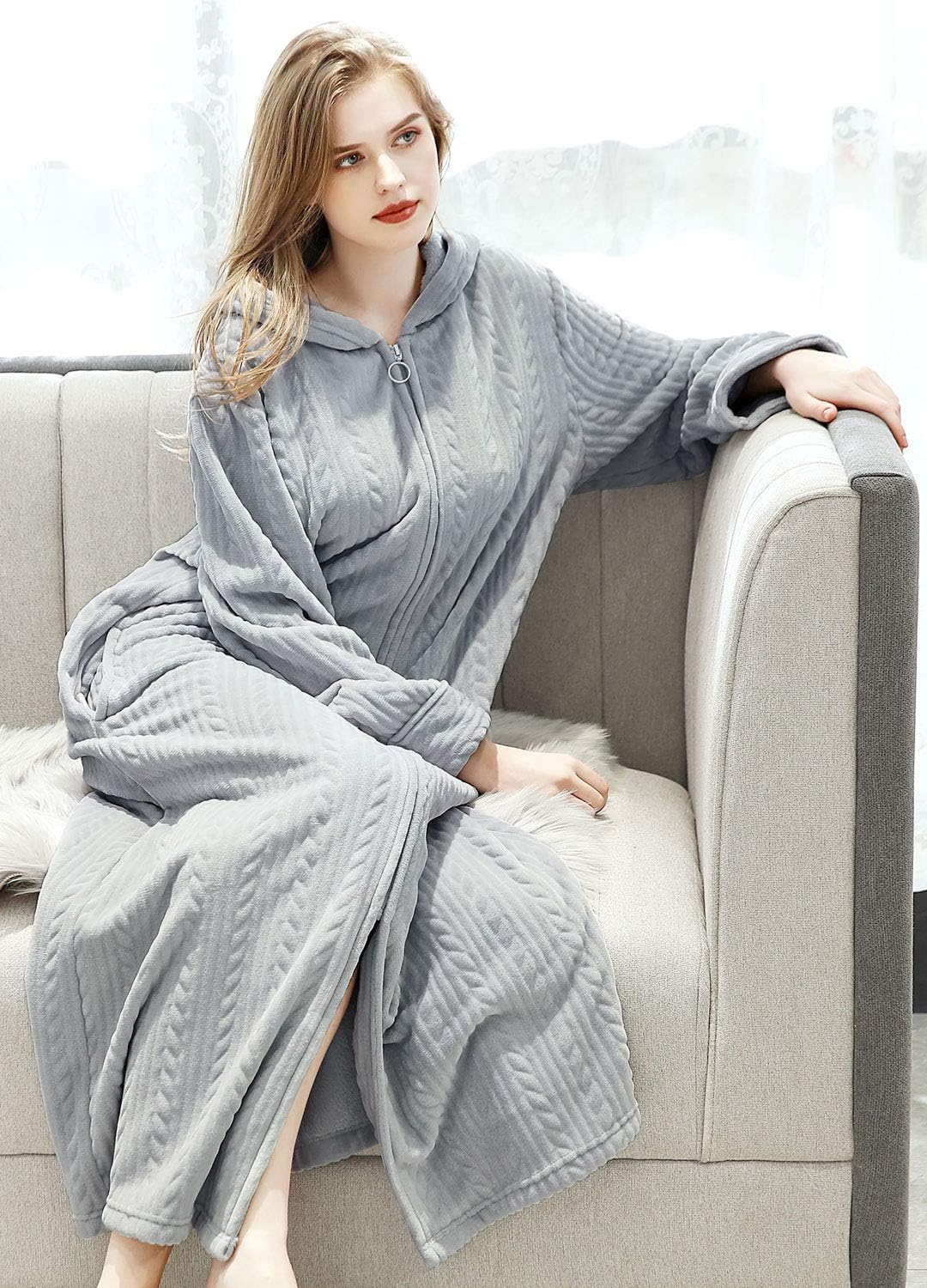 Hellomamma Long Hooded Zipper Bathrobe for Womens Flannel Fleece Robes Winter Warm Housecoat Nightgown Sleepwear Pajamas