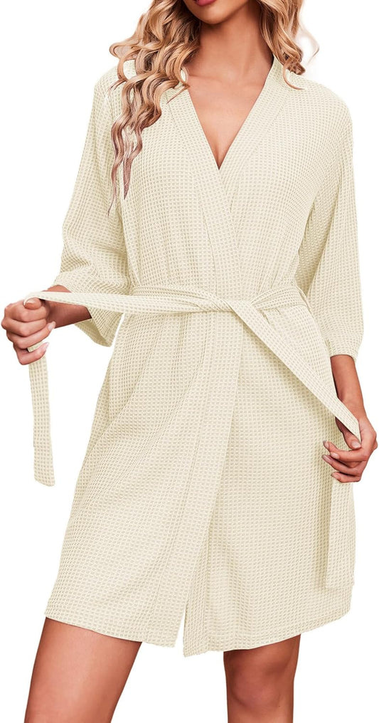 Ekouaer Robes for Women Waffle Knit Bathrobe Soft Lightweight Knee Length Loungewear S-XXL