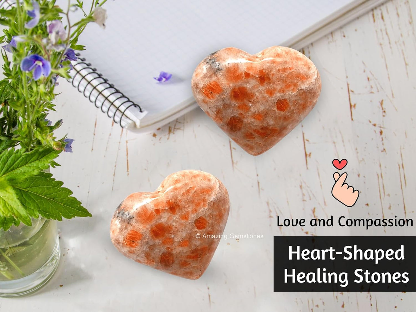 Amazing Gemstone Sunstone Crystal Heart Palm Stone - Pocket Massage Worry Stone for Natural Body Chakra Balancing, Reiki Healing and Crystal Grid