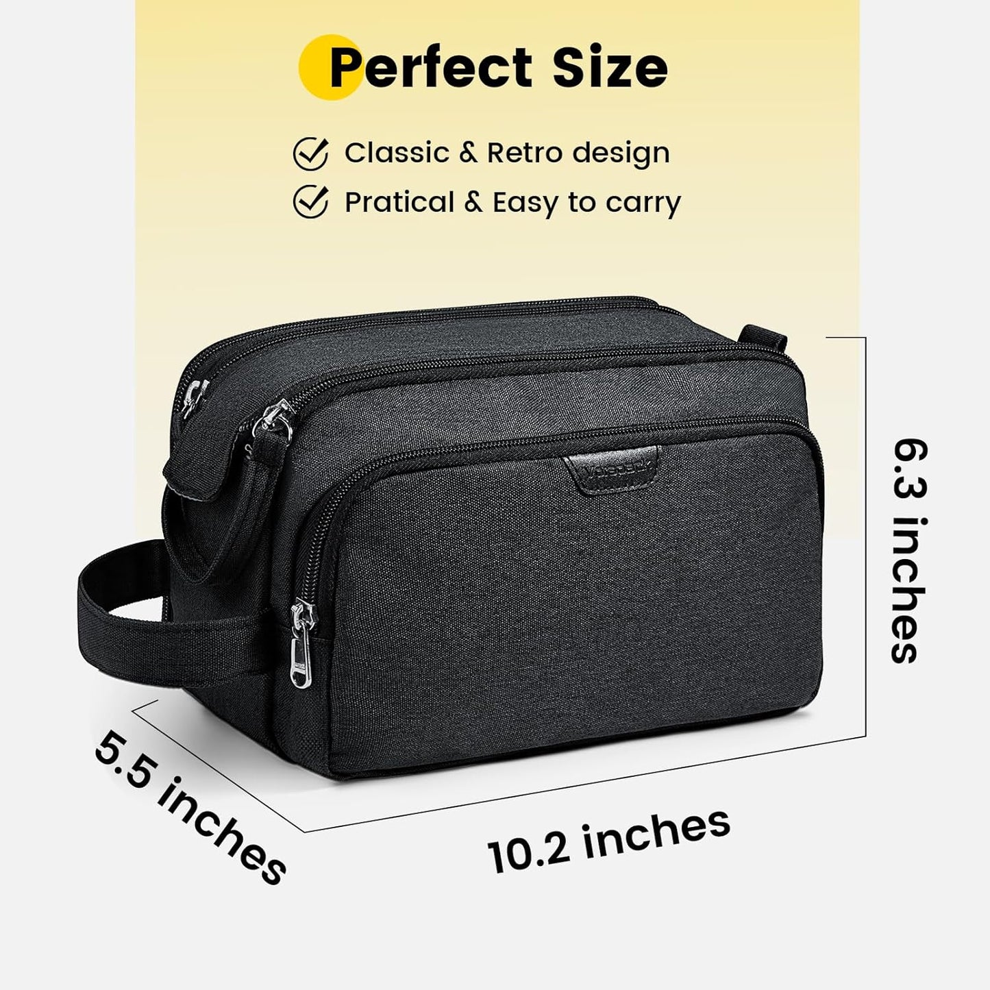 Vorspack Travel Toiletry Bag - Water Resistant Travel Bag for Toiletries, Cosmetics, Accessories, Gifts for Men - Black