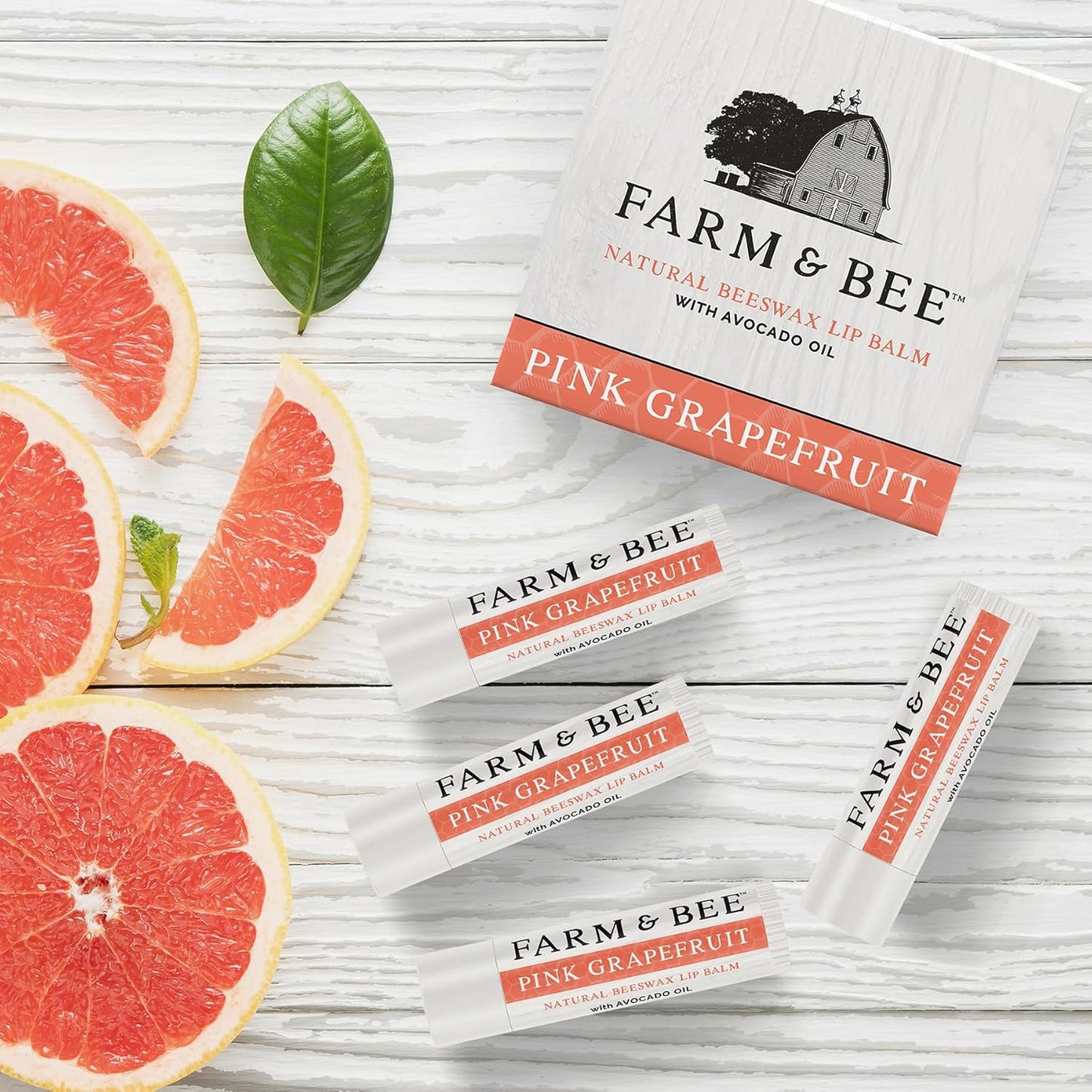 Natural Lip Balm - Organic & Natural Ingredients - Beeswax Based Moisturizing Lip Care Chapstick for Dry Cracked Lips - Great Gift Idea - Farm & Bee - 0.15oz (Pack of 4 - Pink Grapefruit)