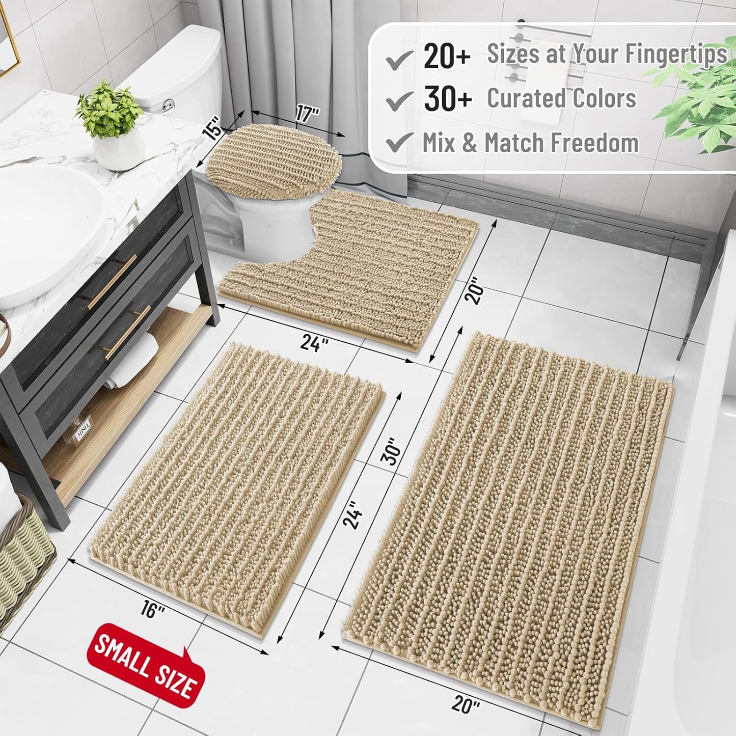 Arotive Luxury Chenille Bathroom Rug Mat, Extra Soft Thick Absorbent Shaggy Bath Rugs, Non-Slip Machine Wash Dry, Plush Bath Mats for Bathroom, Shower and Tub, 30x17, Beige