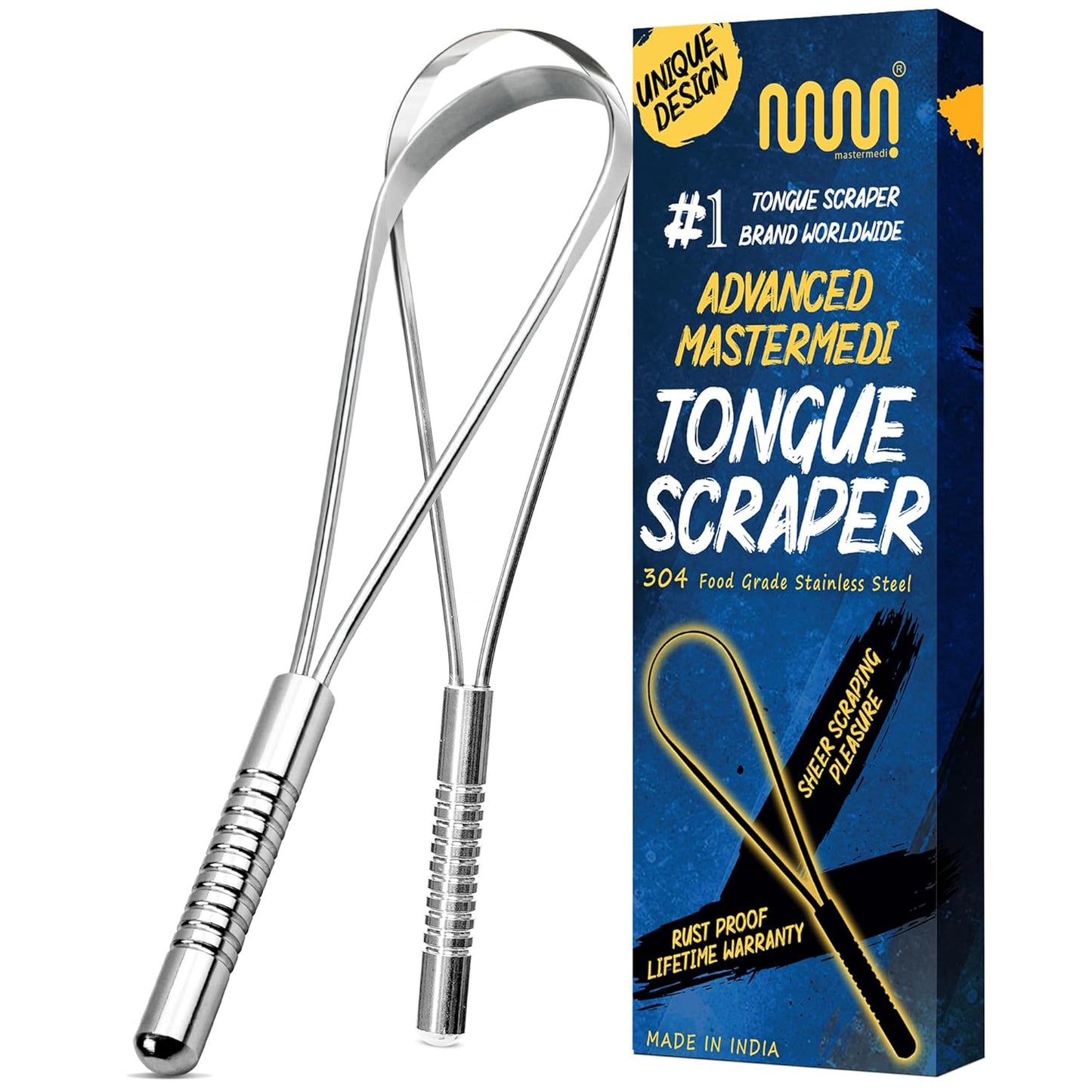 MasterMedi Tongue Scraper for Adults, 100% Stainless Steel Tongue Scrubber for Bad Breath, Easy to Use, Tongue Cleaner for Oral Care & Hygiene (SS Uni|Pack of 2)