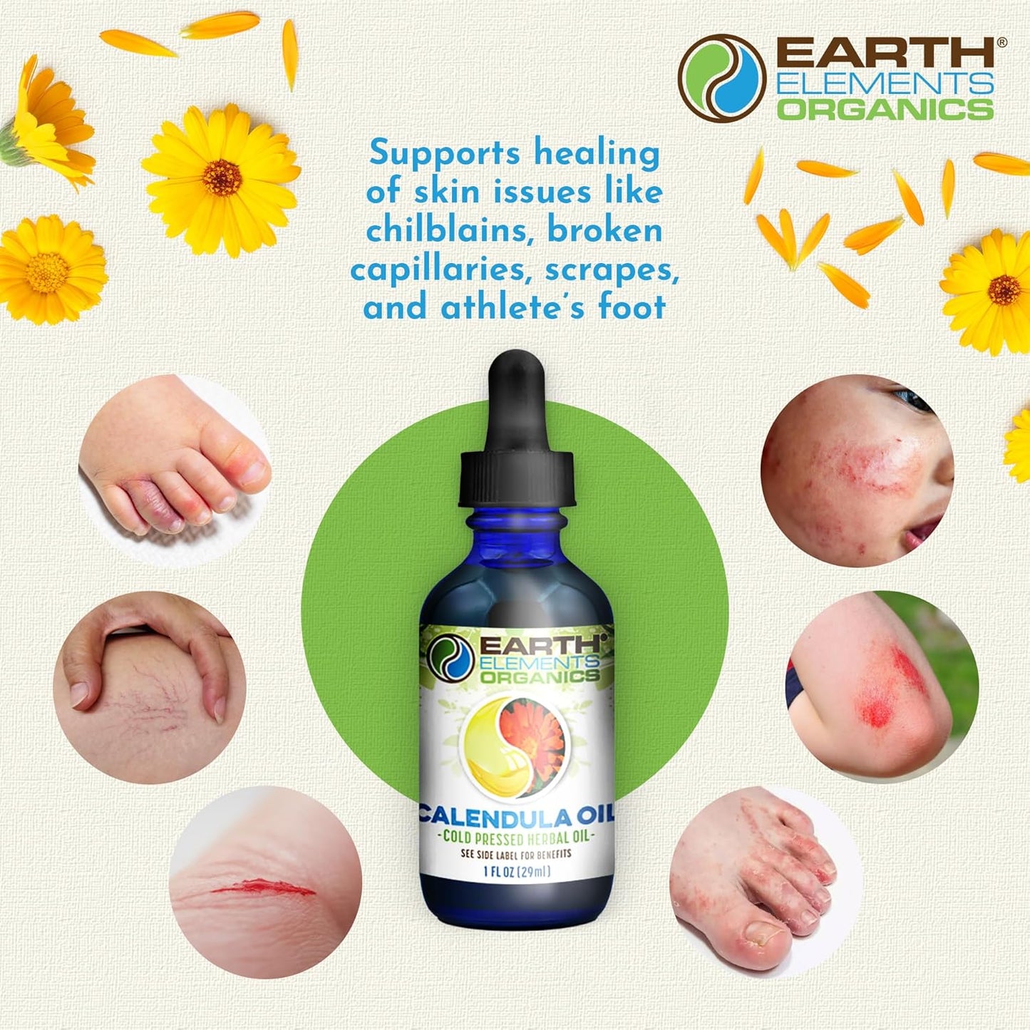 Calendula Oil with Sunflower Oil, Herbal Remedy for Cuts, Scrapes, Rashes, Chapped or Damaged Skin, Ideal for Irritated Areas, Organic Skincare for All Skin Types - 1 fl oz