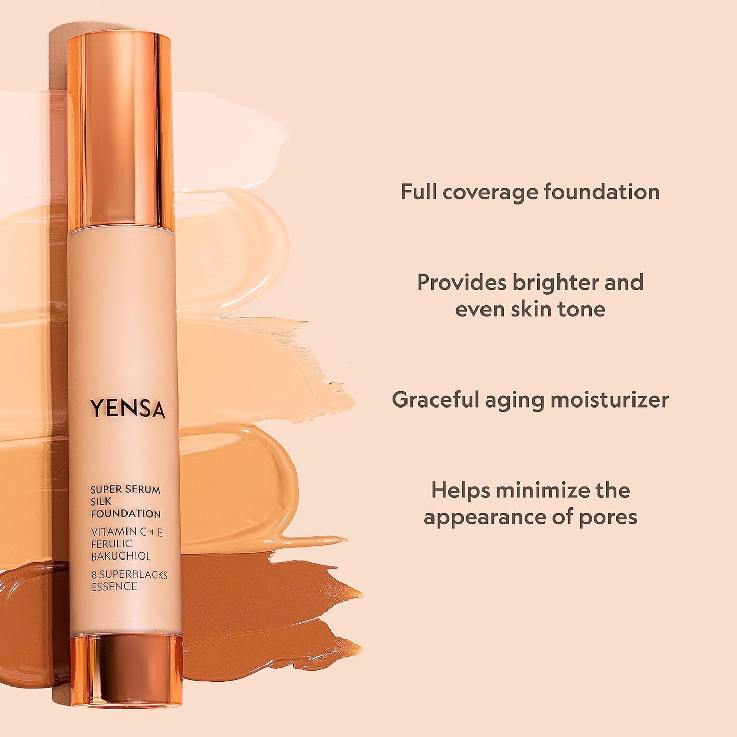 YENSA Serum Foundation Makeup - Super Silk Full Coverage Foundation Enriched with Peptides, Vitamin C & Ferulic Acid to Help Reduce Fine Lines, Wrinkles & Dark Circles - Light 2 (1 oz)