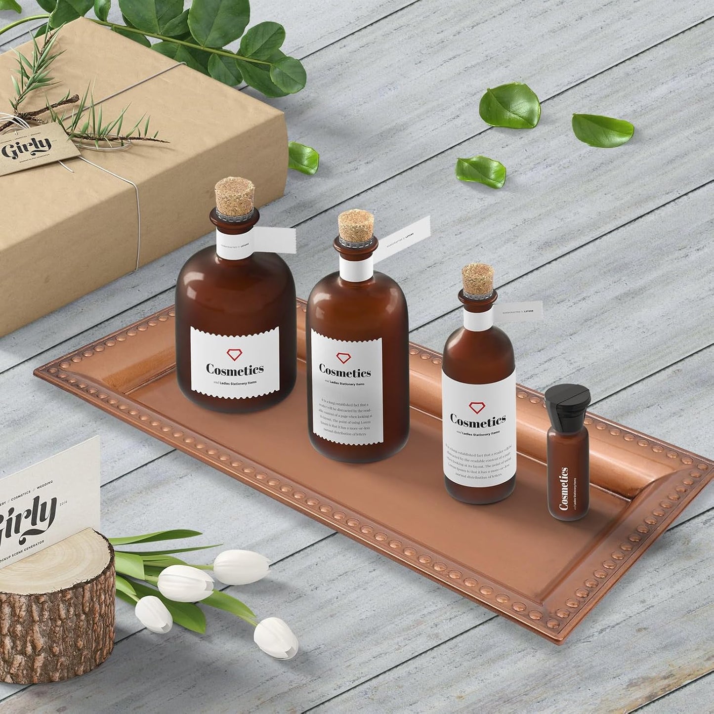 2 Pack Bronze Bathroom Vanity Tray for Countertop with Beads, Small Plastic Toilet Tank Versatile Storage Organization Tray for Makeup, Perfume, Desk, Kitchen, Candles, 14"x7"x1", 36GT