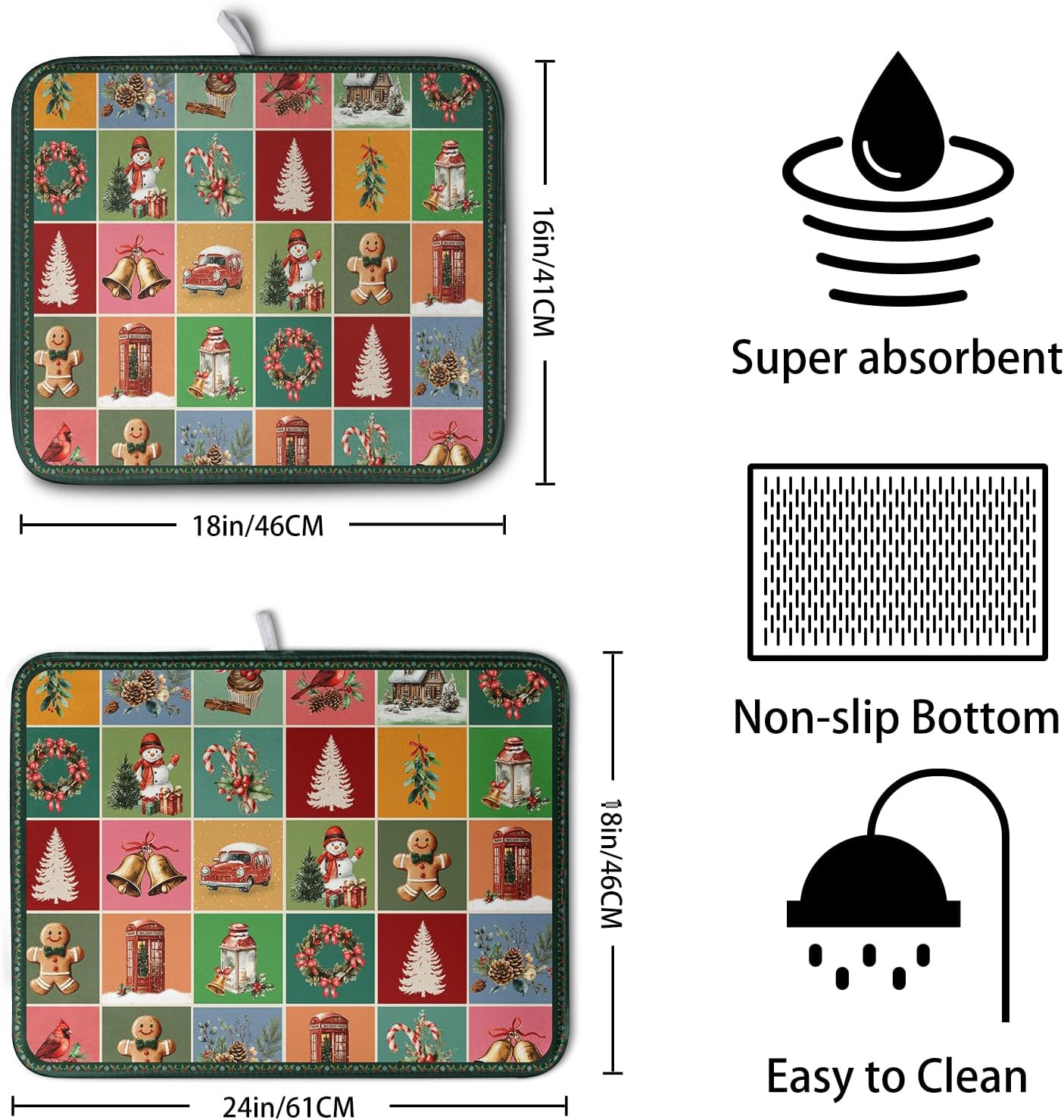 Christmas Dish Drying Mats for Kitchen Counter Cute Xmas Holiday Dish Drainer Pad Microfiber Absorbent Winter Dish Draining Mat Washable Dish Drainer Rack Mat Extra Large 18x24 Inch