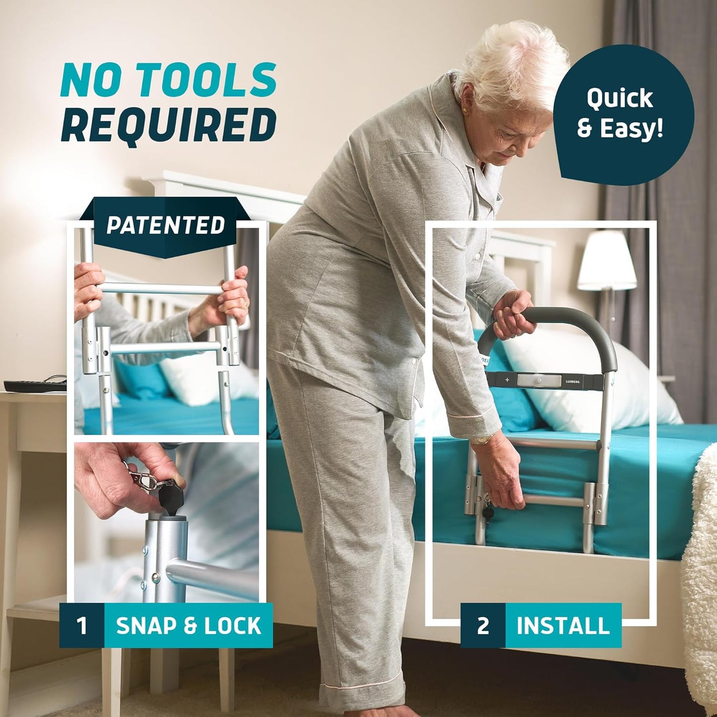 Lunderg Bed Assist Rail for Seniors with Motion-Activated Light & Non-Slip Grab Bar - Easy to Install Bed Rails for Elderly Adults Safety & Post-Surgery - Helps Reduce Falls & Support Independence