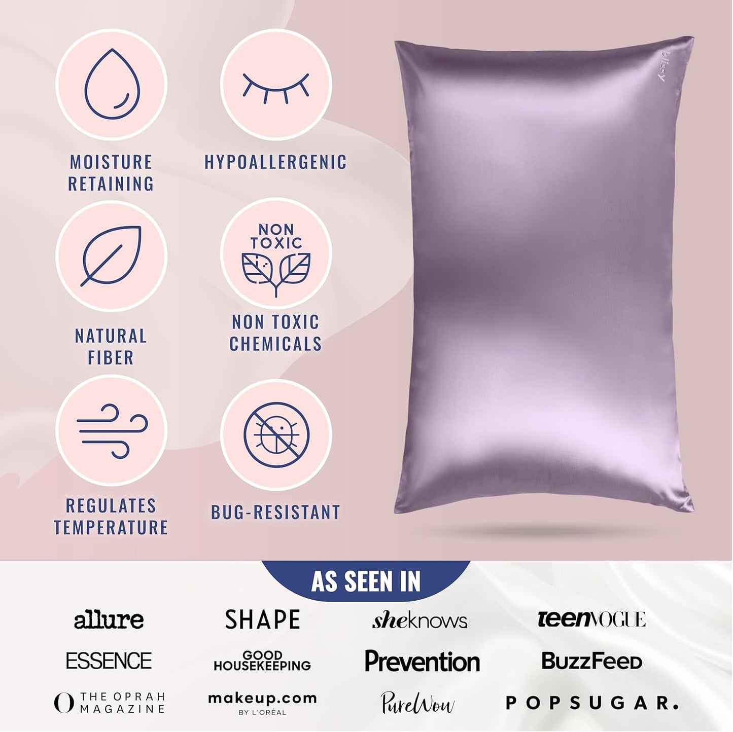 Blissy Silk Pillowcase - 100% Pure Mulberry Silk - 22 Momme 6A High-Grade Fibers - Silk Pillow Cover for Hair & Skin - Regular, Queen & King (Lavender, King)