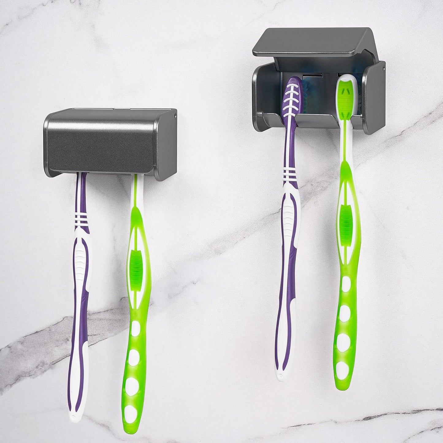 2 PCS Toothbrush Holder Wall Mounted with Cover for Bathroom, 2 Slots Toothbrush Storage Organizer for Shower, Self Adhesive Toothbrush Hanger Rack for Dorm, Cabinet (Brushed Grey)