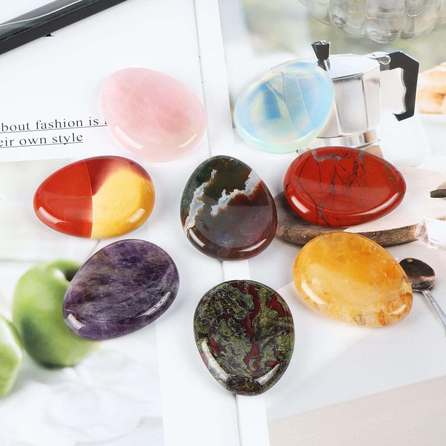 Artistone Opalite Crystal Chakra Thumb Worry Stone Carved Healing Crystals Teardrop Pocket Palm Stones for Anxiety Stress Relief Meditation Home Decor